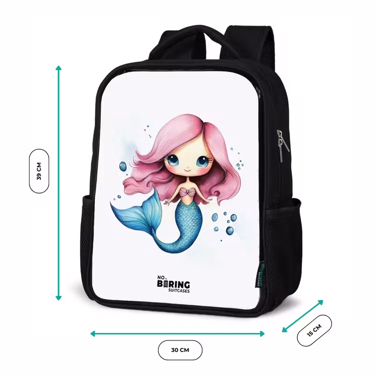 Kinderrucksack - Schwarz - Meerjungfrau mit rosa Haaren und blauem Schwanz zwischen Blasen — 6