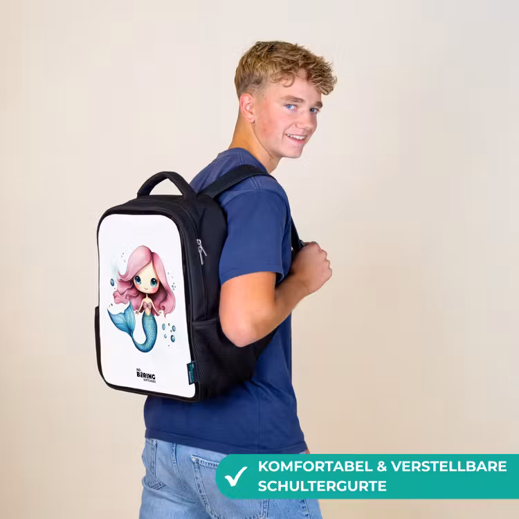 Kinderrucksack - Schwarz - Meerjungfrau mit rosa Haaren und blauem Schwanz zwischen Blasen — 9