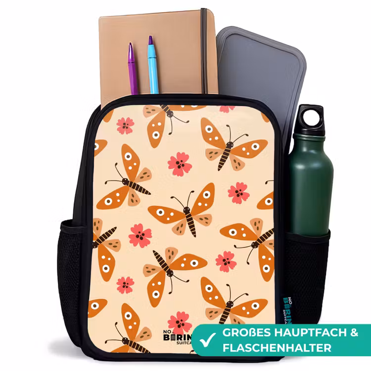 Kinderrucksack - Schwarz - Orangefarbene Schmetterlinge und rosa Blumen auf beigem Hintergrund — 8