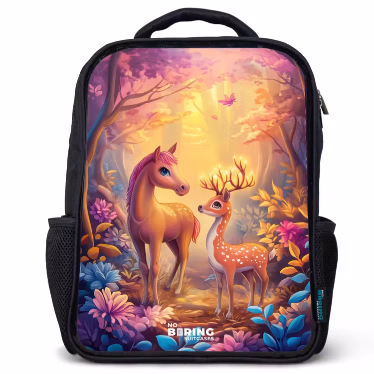 Kinderrucksack - Schwarz - Pferd und Hirsch in einem rosa Märchenwald — 1