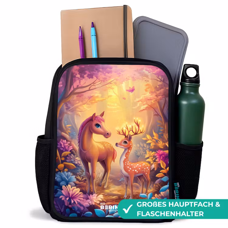 Kinderrucksack - Schwarz - Pferd und Hirsch in einem rosa Märchenwald — 8