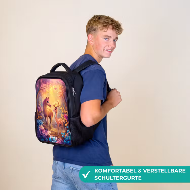 Kinderrucksack - Schwarz - Pferd und Hirsch in einem rosa Märchenwald — 9