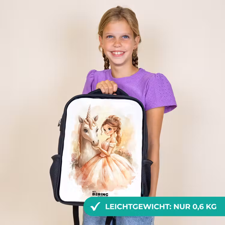 Kinderrucksack - Schwarz - Prinzessin im Kleid mit weißem Einhorn — 7