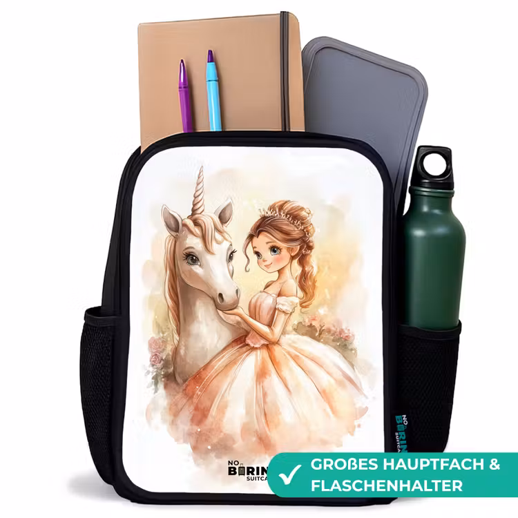 Kinderrucksack - Schwarz - Prinzessin im Kleid mit weißem Einhorn — 8