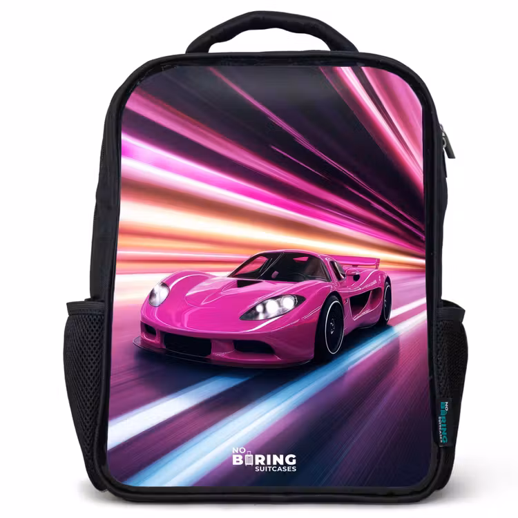 Kinderrucksack - Schwarz - Rosa Rennwagen blinkt durch Neonlicht — 1