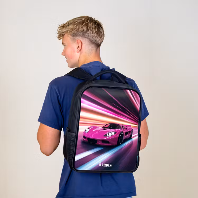 Kinderrucksack - Schwarz - Rosa Rennwagen blinkt durch Neonlicht — 3