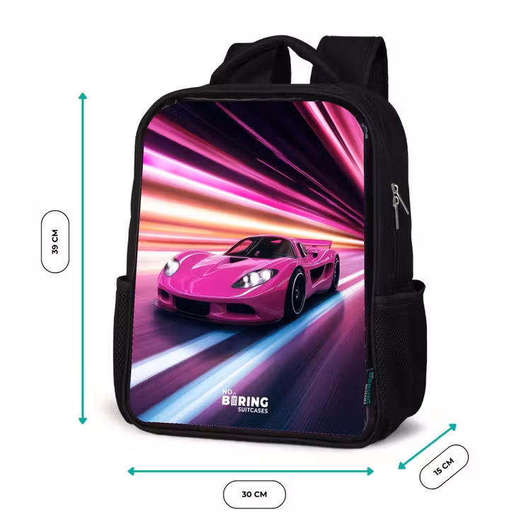 Kinderrucksack - Schwarz - Rosa Rennwagen blinkt durch Neonlicht — 6