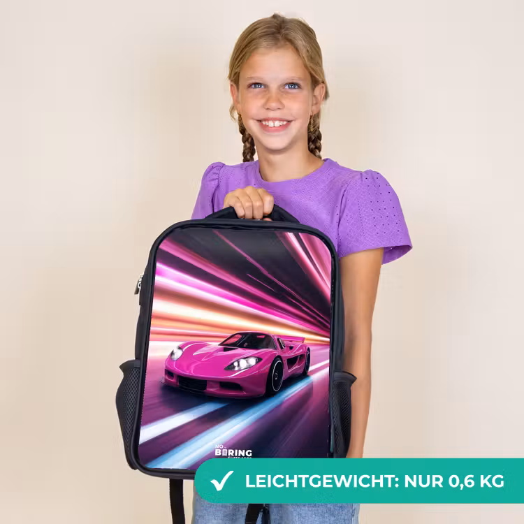 Kinderrucksack - Schwarz - Rosa Rennwagen blinkt durch Neonlicht — 7