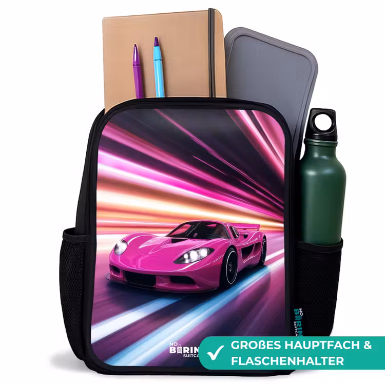 Kinderrucksack - Schwarz - Rosa Rennwagen blinkt durch Neonlicht — 8
