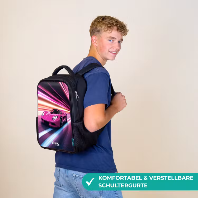 Kinderrucksack - Schwarz - Rosa Rennwagen blinkt durch Neonlicht — 9
