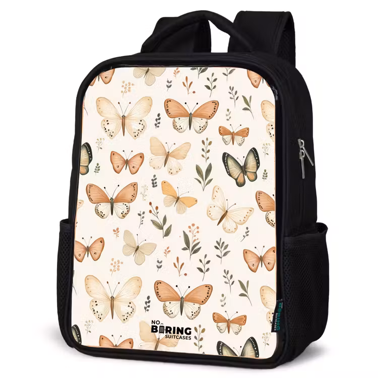 Kinderrucksack - Schwarz - Schmetterlinge in Beige- und Orangetönen zwischen grünen Blättern — 4
