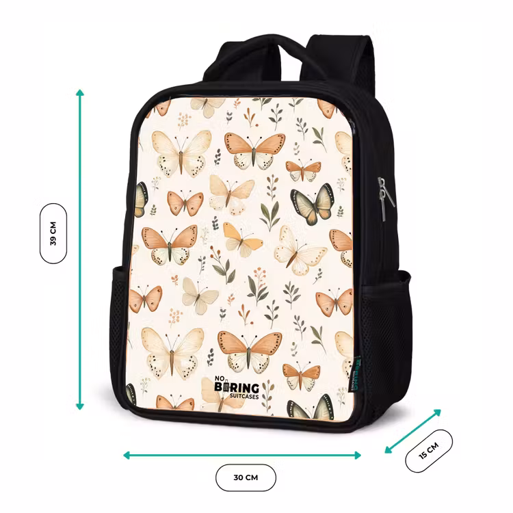 Kinderrucksack - Schwarz - Schmetterlinge in Beige- und Orangetönen zwischen grünen Blättern — 6