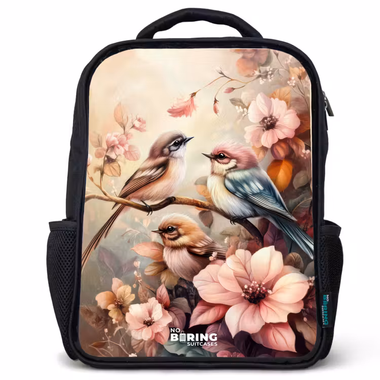 Kinderrucksack - Schwarz - Vögel mit rosa Blumen — 1