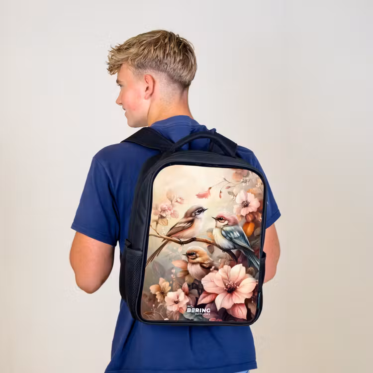 Kinderrucksack - Schwarz - Vögel mit rosa Blumen — 3