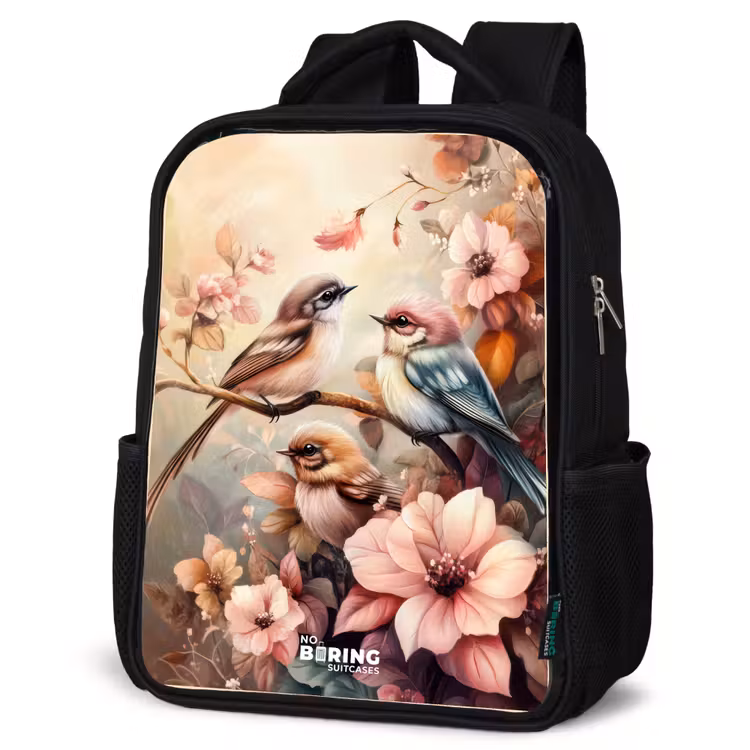 Kinderrucksack - Schwarz - Vögel mit rosa Blumen — 4