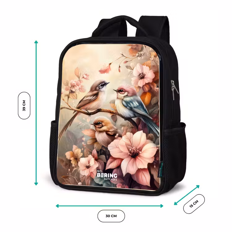 Kinderrucksack - Schwarz - Vögel mit rosa Blumen — 6