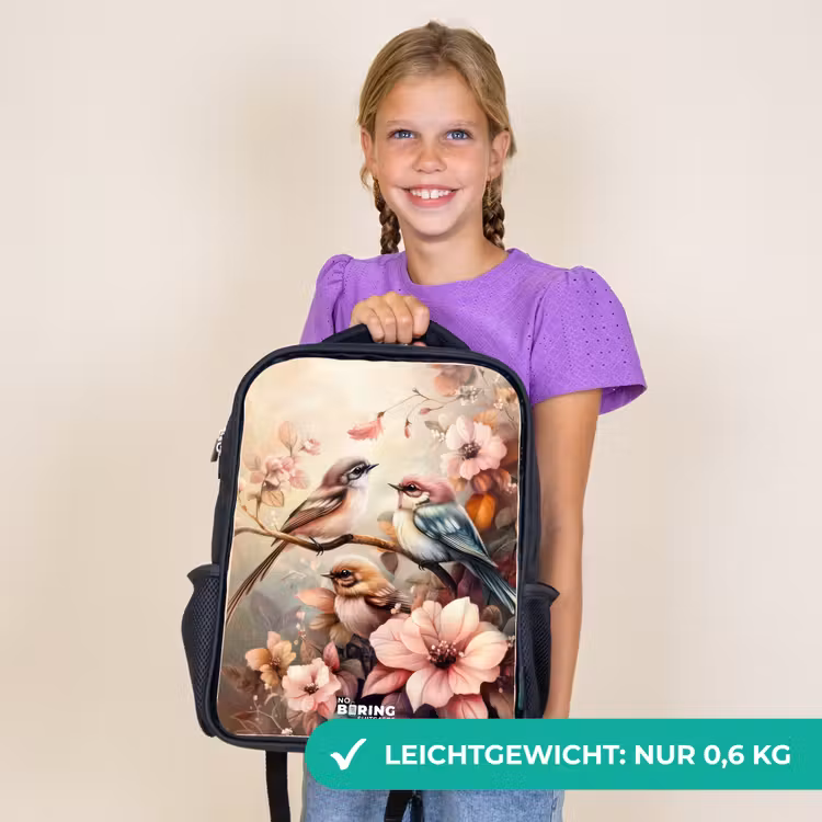 Kinderrucksack - Schwarz - Vögel mit rosa Blumen — 7