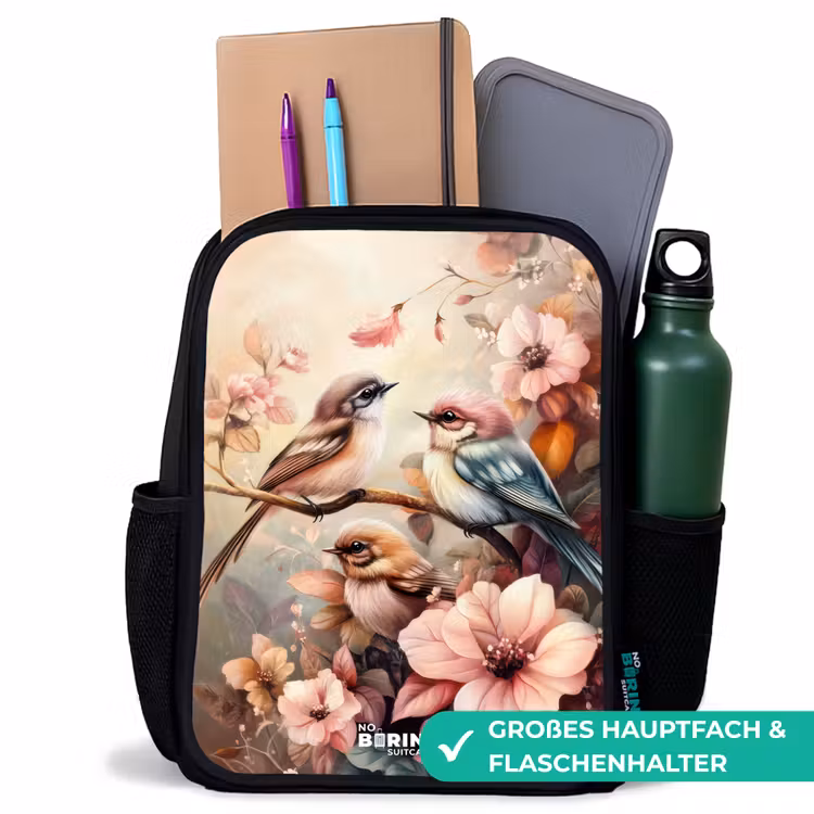 Kinderrucksack - Schwarz - Vögel mit rosa Blumen — 8