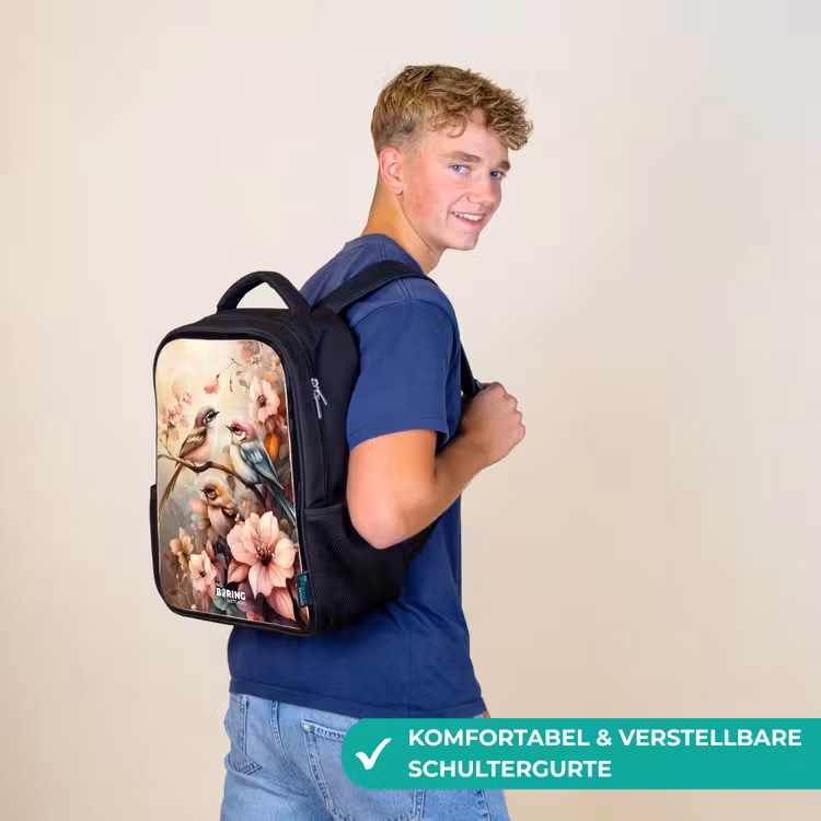 Kinderrucksack - Schwarz - Vögel mit rosa Blumen — 9