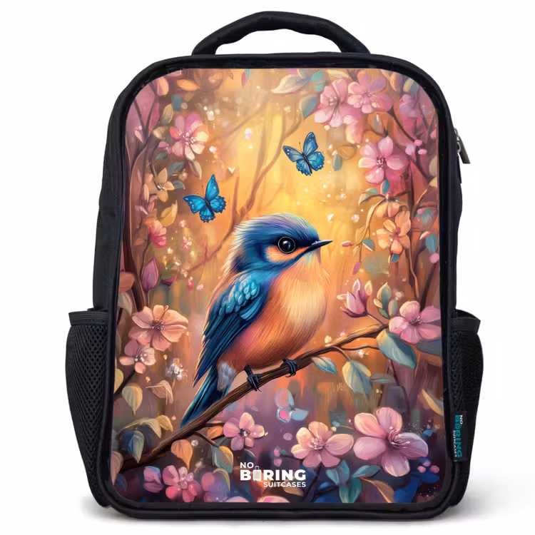 Kinderrucksack - Schwarz - Vogel mit Schmetterlingen im bunten Wald. — 1