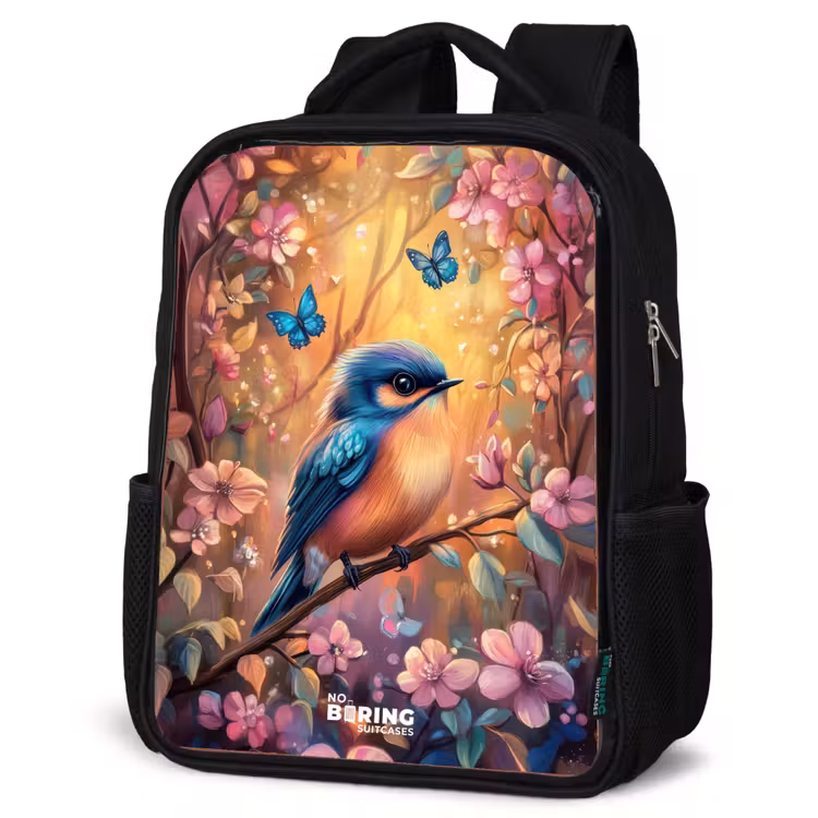 Kinderrucksack - Schwarz - Vogel mit Schmetterlingen im bunten Wald. — 4