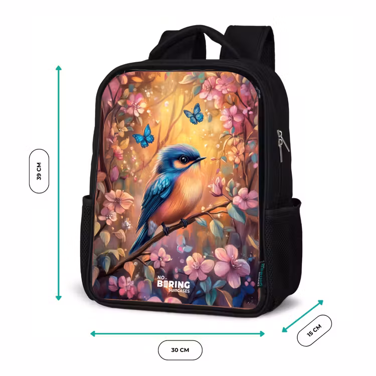 Kinderrucksack - Schwarz - Vogel mit Schmetterlingen im bunten Wald. — 6
