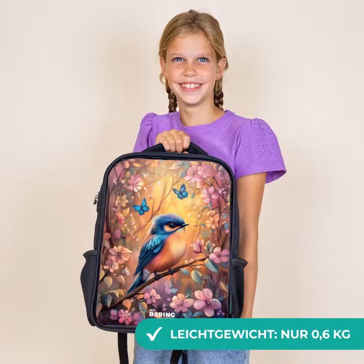 Kinderrucksack - Schwarz - Vogel mit Schmetterlingen im bunten Wald. — 7