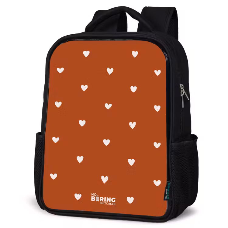 Kinderrucksack - Schwarz - Weißes Herzmuster auf orange-braunem Hintergrund — 4