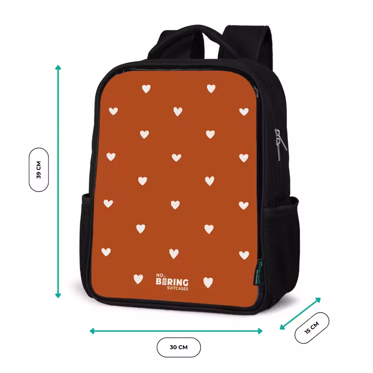 Kinderrucksack - Schwarz - Weißes Herzmuster auf orange-braunem Hintergrund — 6