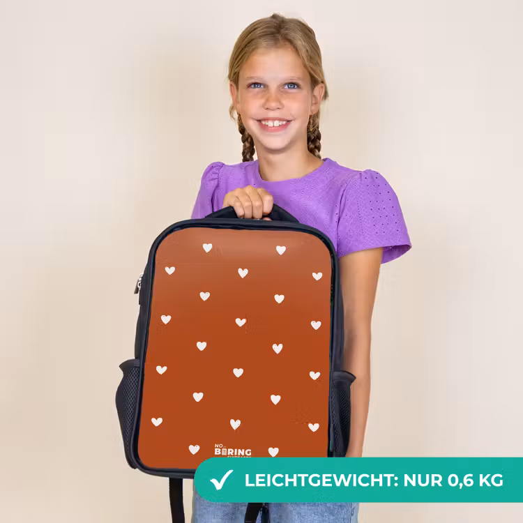 Kinderrucksack - Schwarz - Weißes Herzmuster auf orange-braunem Hintergrund — 7
