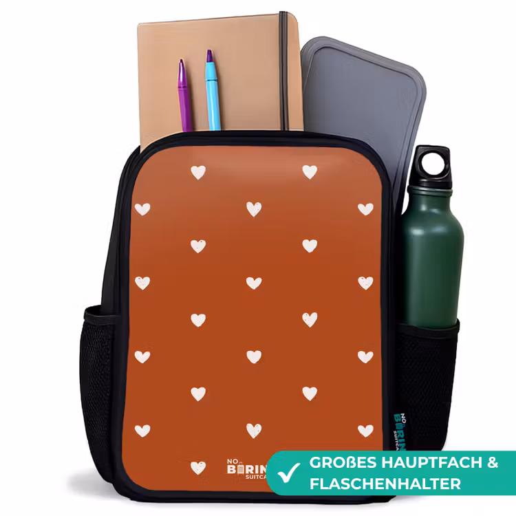 Kinderrucksack - Schwarz - Weißes Herzmuster auf orange-braunem Hintergrund — 8