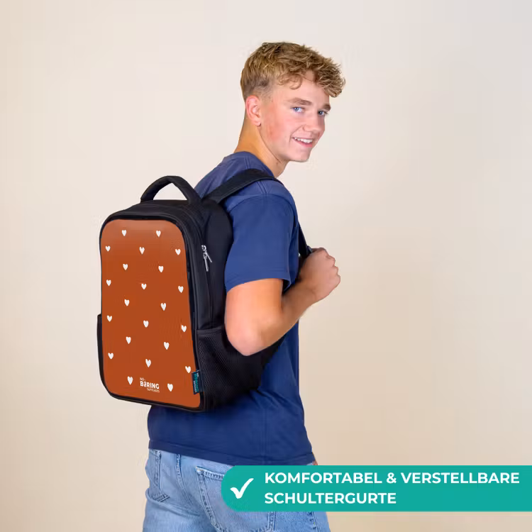 Kinderrucksack - Schwarz - Weißes Herzmuster auf orange-braunem Hintergrund — 9
