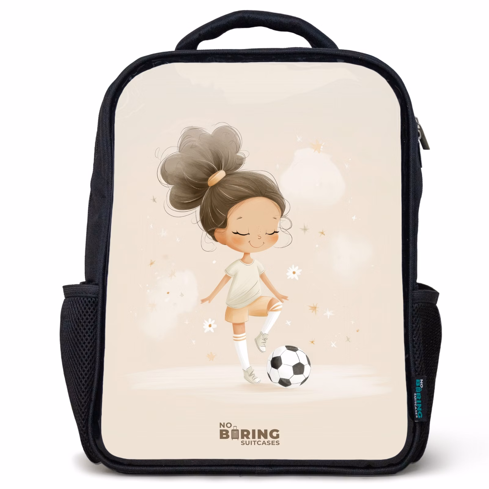 Kinderrucksack - Schwarz - Mädchen mit einem Fußball in beigen Farben — 1