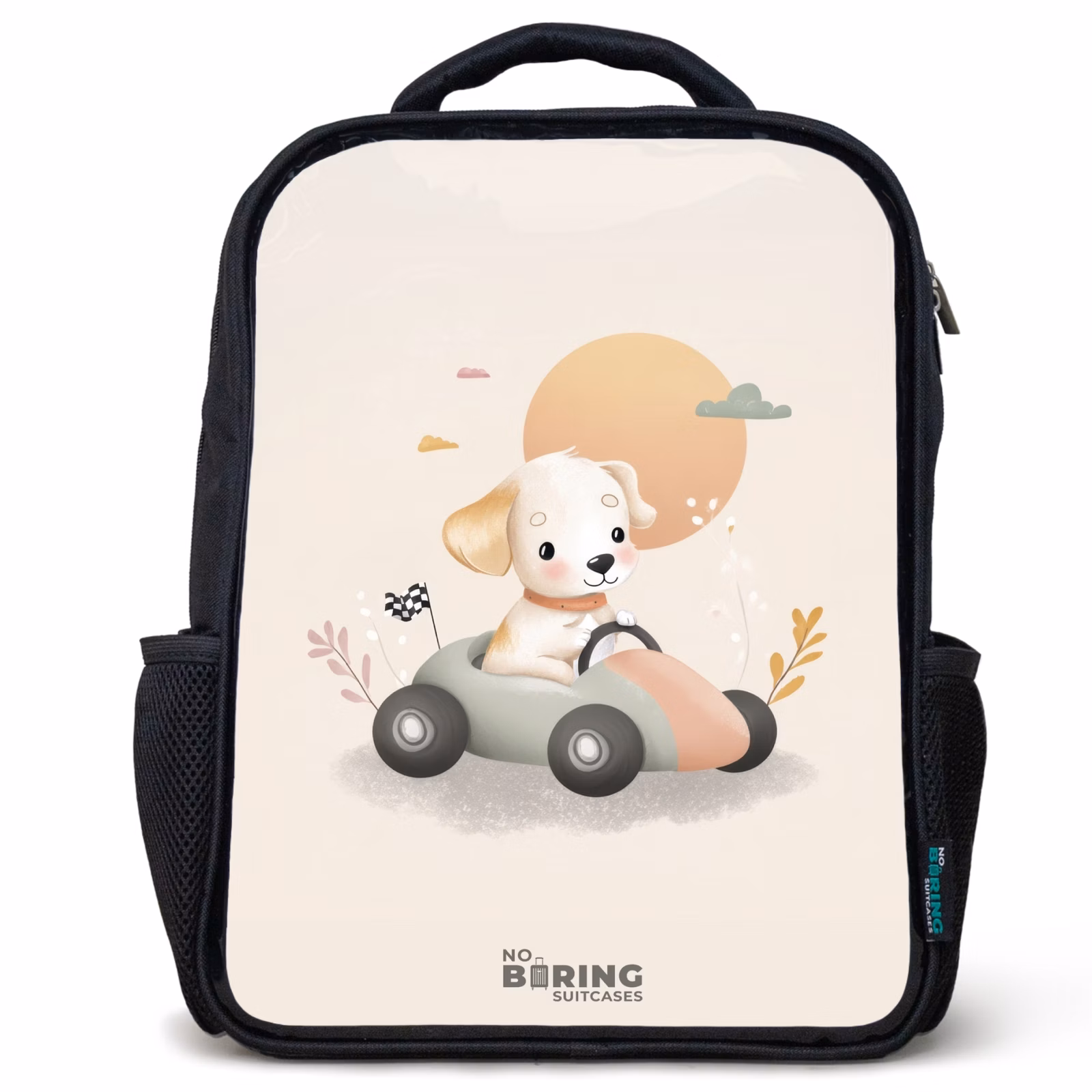 Kinderrucksack - Schwarz - Welpe in einem Rennwagen in Beigetönen — 1