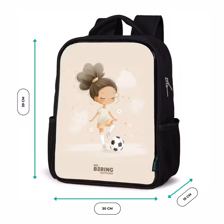 Kinderrucksack - Schwarz - Mädchen mit einem Fußball in beigen Farben — 6