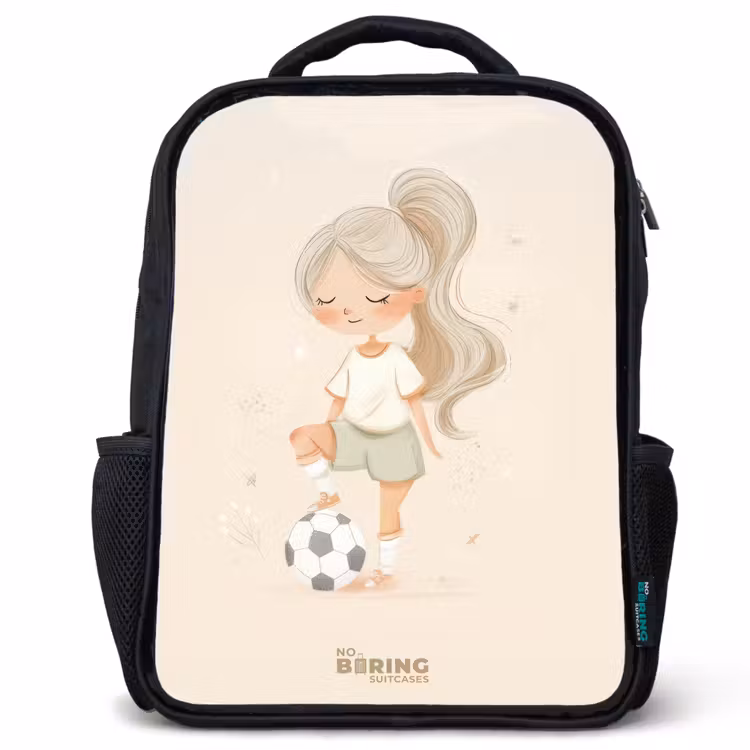 Kinderrucksack - Schwarz - Mädchen mit einem Fußball in beigen Farben — 1