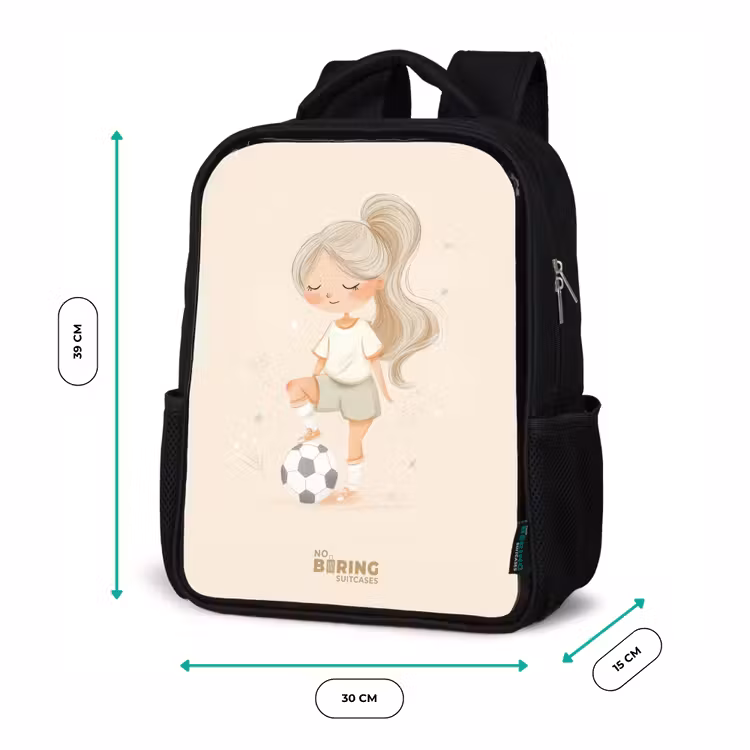 Kinderrucksack - Schwarz - Mädchen mit einem Fußball in beigen Farben — 6