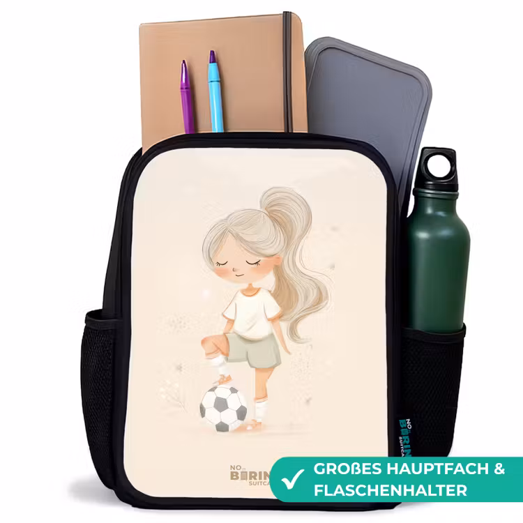 Kinderrucksack - Schwarz - Mädchen mit einem Fußball in beigen Farben — 8
