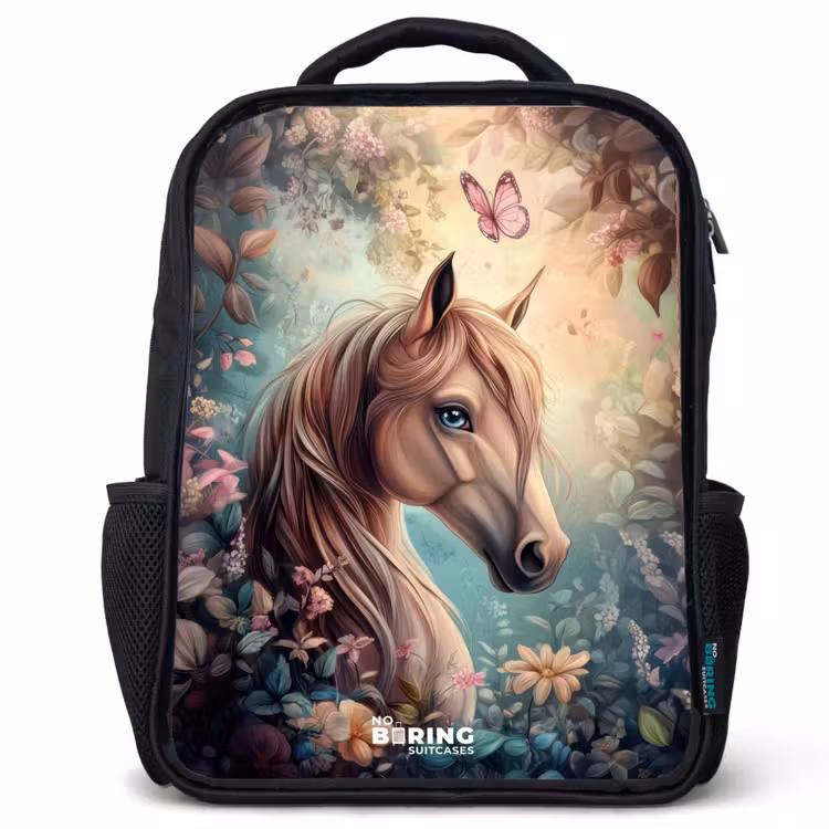 Kinderrucksack - Schwarz - Pferd mit Schmetterlingen im Blumengarten — 1