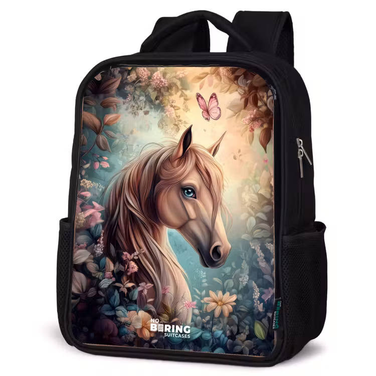 Kinderrucksack - Schwarz - Pferd mit Schmetterlingen im Blumengarten — 4