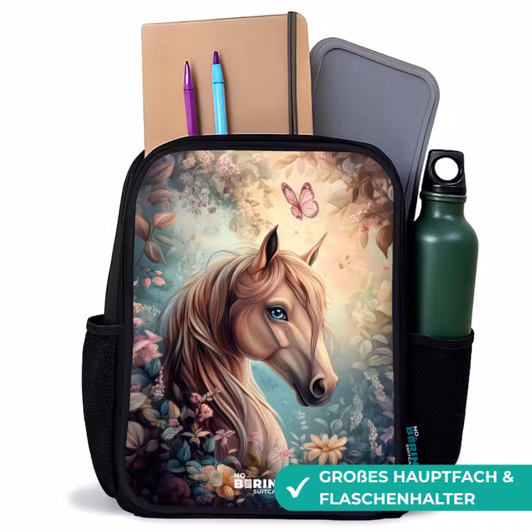 Kinderrucksack - Schwarz - Pferd mit Schmetterlingen im Blumengarten — 8