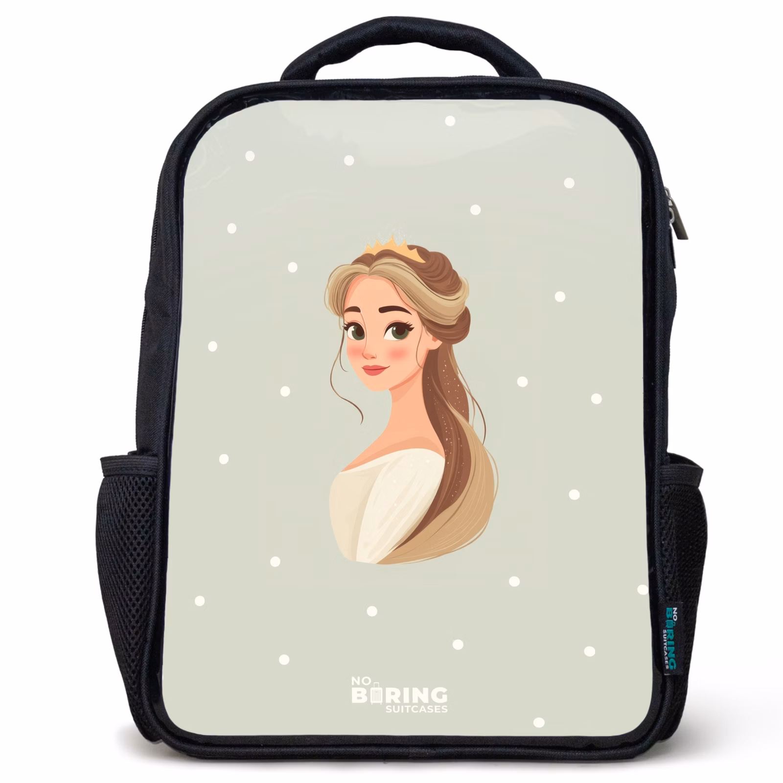 Kinderrucksack - Schwarz - Prinzessin mit Diadem auf grünem Tupfenhintergrund — 1
