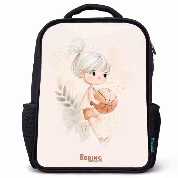 Kinderrucksack - Schwarz - Mädchen mit einem Basketball in neutralen Farben. — 1