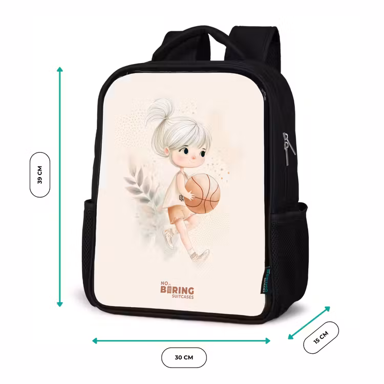 Kinderrucksack - Schwarz - Mädchen mit einem Basketball in neutralen Farben. — 6