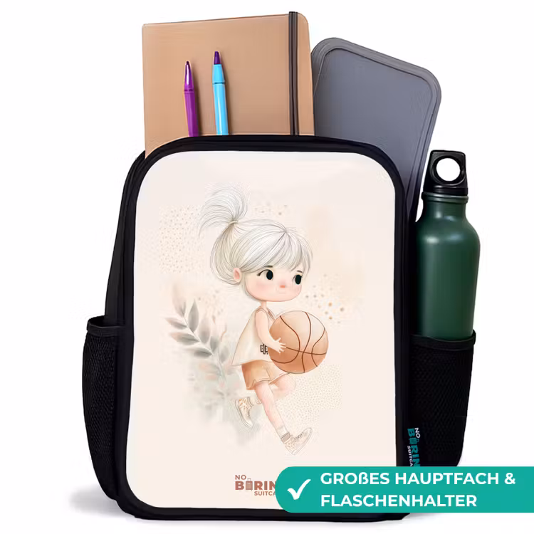 Kinderrucksack - Schwarz - Mädchen mit einem Basketball in neutralen Farben. — 8