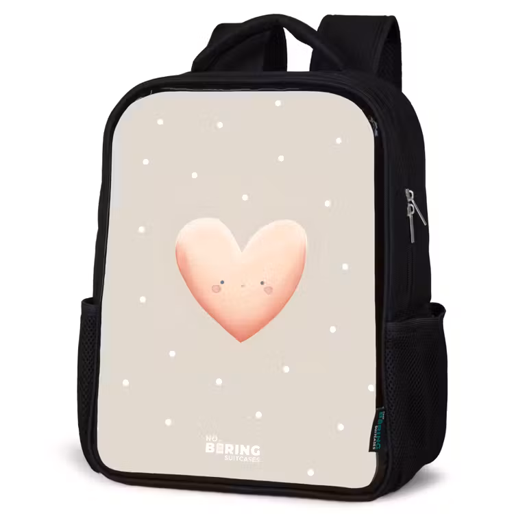Kinderrucksack - Schwarz - Rosa Herz umgeben von beigen Punkten — 4