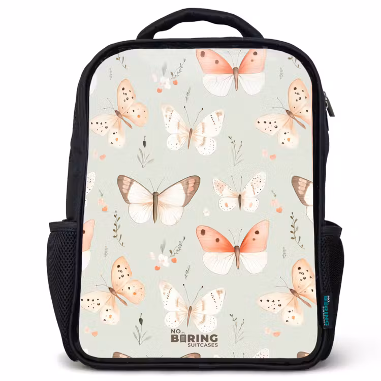 Kinderrucksack - Schwarz - Schmetterlingsmuster in sanften Orange- und Rottönen — 1