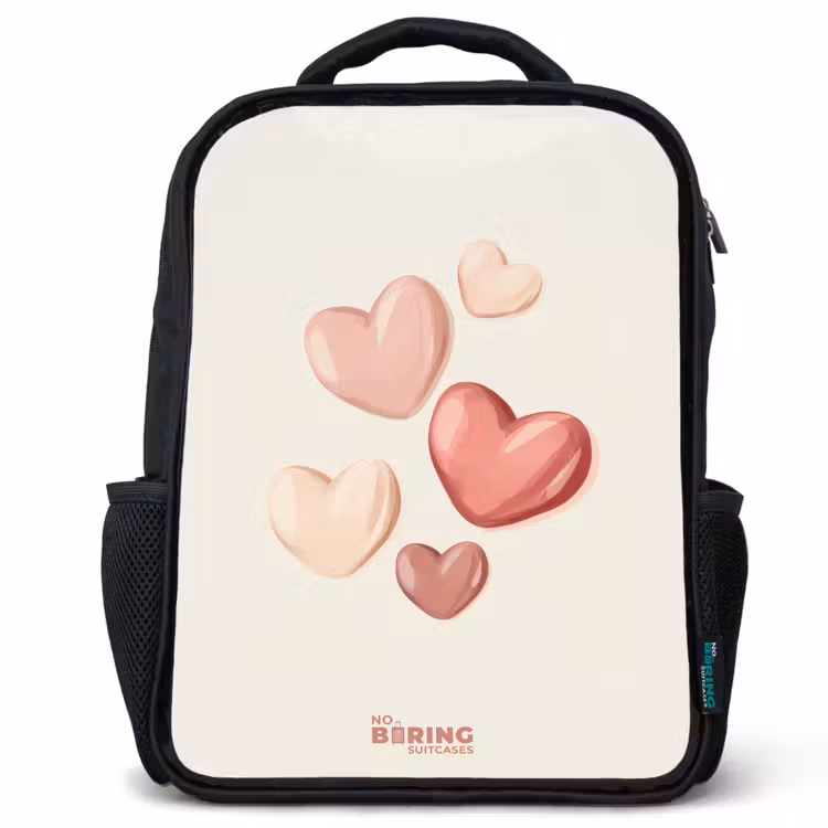 Kinderrucksack - Schwarz - Schwebende Herzen in zarten Rot- und Rosatönen — 1