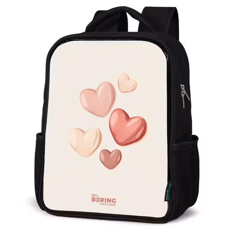 Kinderrucksack - Schwarz - Schwebende Herzen in zarten Rot- und Rosatönen — 4