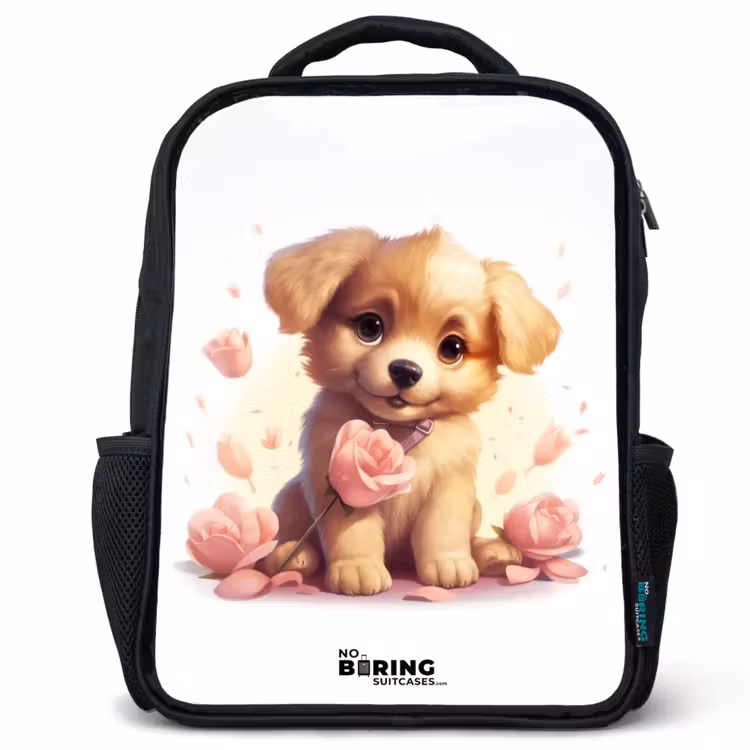 Kinderrucksack - Schwarz - Hündchen mit rosa Blumen — 1